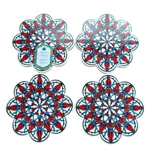 Set of 4 Handcrafted Turkish Ceramic Floral Pattern Coasters Red White Blue